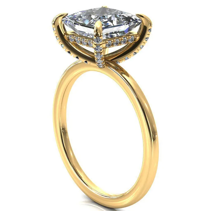 Fire Brilliance Rings Rosy PrincessSquare Moissanite 4 Claw Prong Single Rail Micropave Engagement Ring