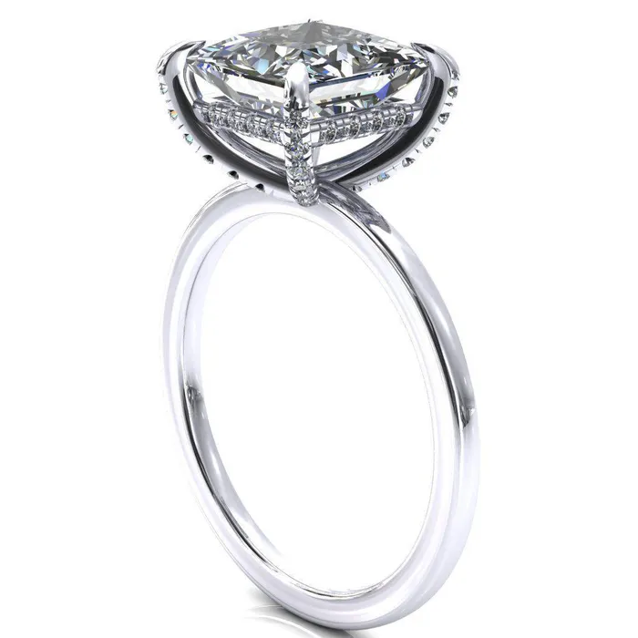 Fire Brilliance Rings Rosy PrincessSquare Moissanite 4 Claw Prong Single Rail Micropave Engagement Ring
