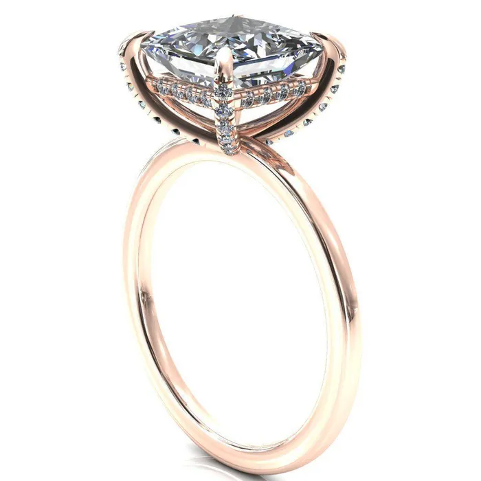 Fire Brilliance Rings Rosy PrincessSquare Moissanite 4 Claw Prong Single Rail Micropave Engagement Ring