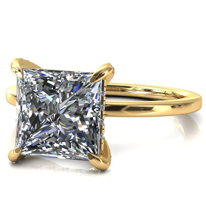Fire Brilliance Rings Rosy PrincessSquare Moissanite 4 Claw Prong Single Rail Micropave Engagement Ring