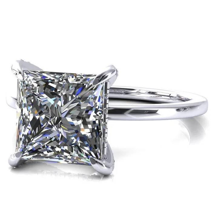 Fire Brilliance Rings Rosy PrincessSquare Moissanite 4 Claw Prong Single Rail Micropave Engagement Ring