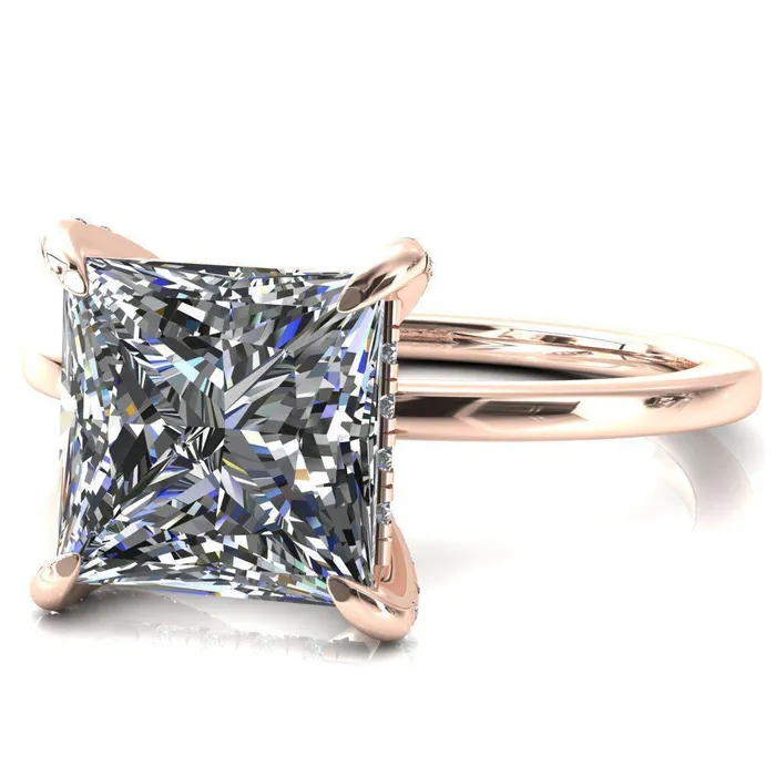 Fire Brilliance Rings Rosy PrincessSquare Moissanite 4 Claw Prong Single Rail Micropave Engagement Ring