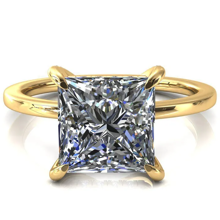 Fire Brilliance Rings Rosy PrincessSquare Moissanite 4 Claw Prong Single Rail Micropave Engagement Ring