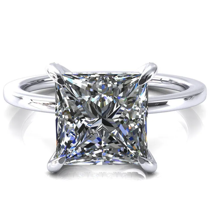 Fire Brilliance Rings Rosy PrincessSquare Moissanite 4 Claw Prong Single Rail Micropave Engagement Ring