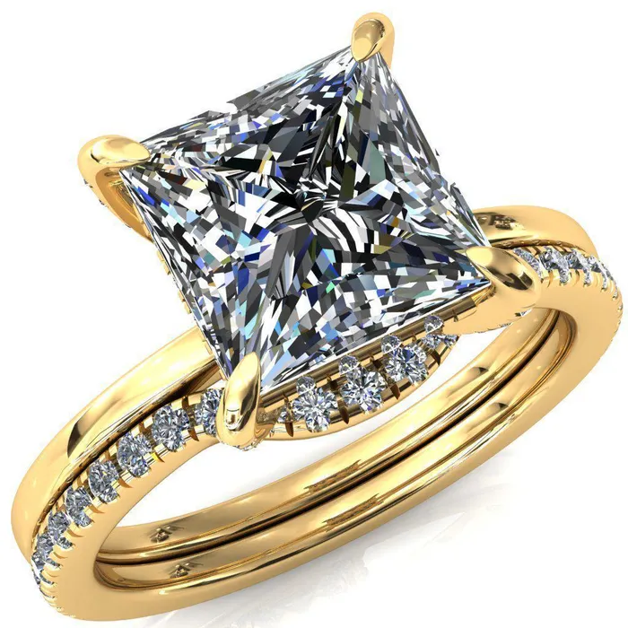 Fire Brilliance Rings Rosy PrincessSquare Moissanite 4 Claw Prong Single Rail Micropave Engagement Ring