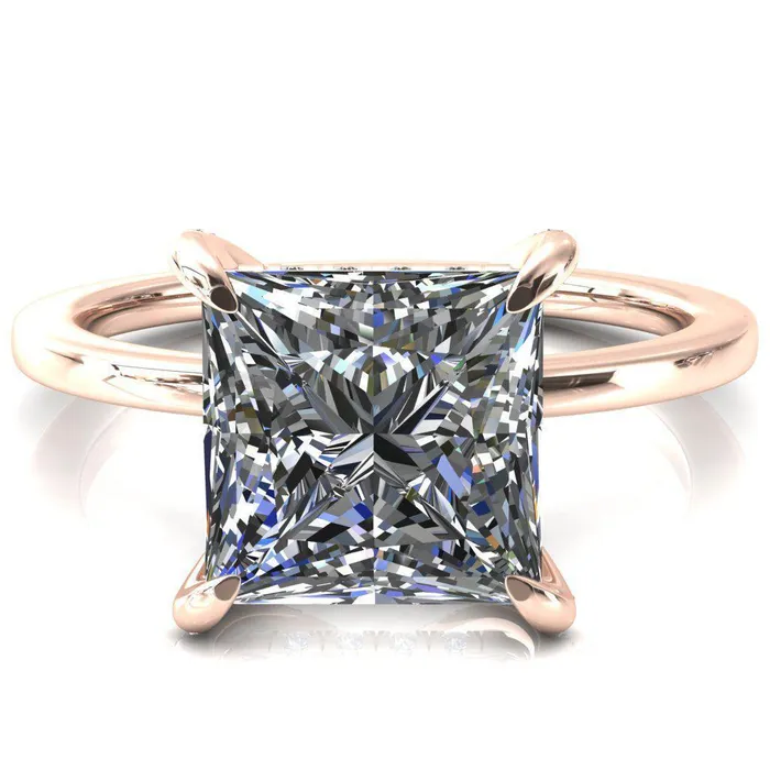 Fire Brilliance Rings Rosy PrincessSquare Moissanite 4 Claw Prong Single Rail Micropave Engagement Ring