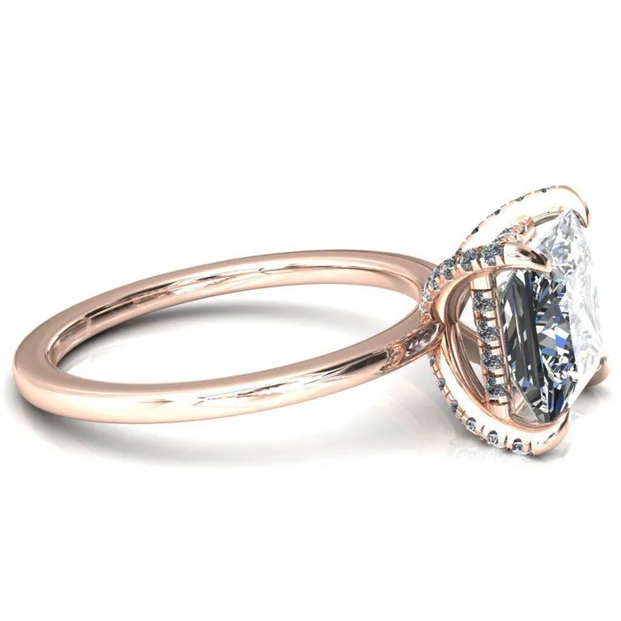 Fire Brilliance Rings Rosy PrincessSquare Moissanite 4 Claw Prong Single Rail Micropave Engagement Ring