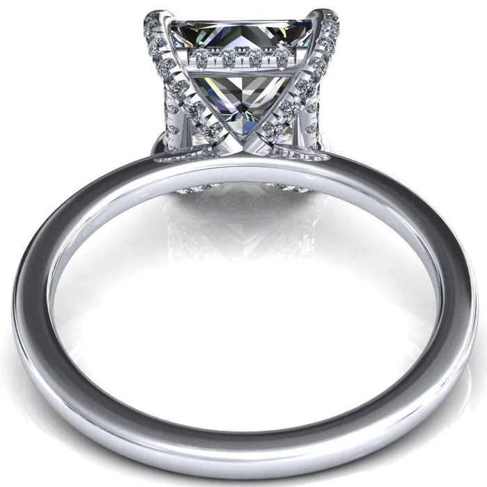 Fire Brilliance Rings Rosy PrincessSquare Moissanite 4 Claw Prong Single Rail Micropave Engagement Ring