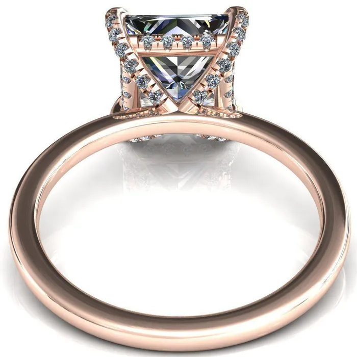 Fire Brilliance Rings Rosy PrincessSquare Moissanite 4 Claw Prong Single Rail Micropave Engagement Ring