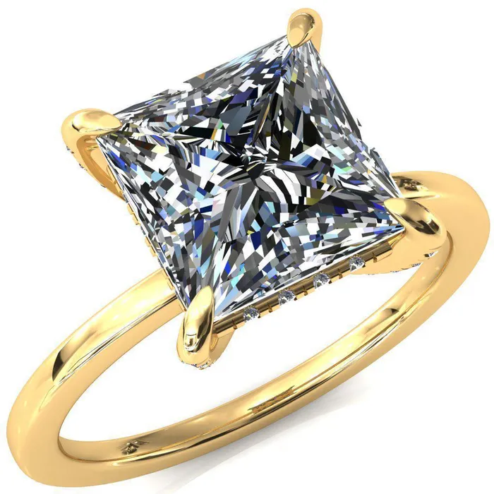 Fire Brilliance Rings Rosy PrincessSquare Moissanite 4 Claw Prong Single Rail Micropave Engagement Ring