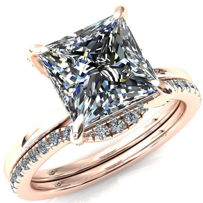 Fire Brilliance Rings Rosy PrincessSquare Moissanite 4 Claw Prong Single Rail Micropave Engagement Ring