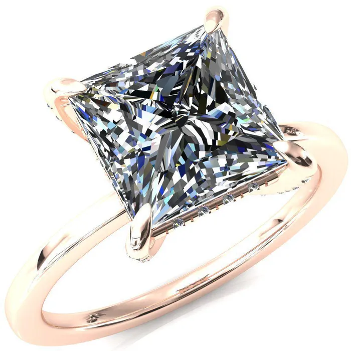 Fire Brilliance Rings Rosy PrincessSquare Moissanite 4 Claw Prong Single Rail Micropave Engagement Ring