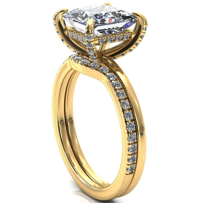 Fire Brilliance Rings Rosy PrincessSquare Moissanite 4 Claw Prong Single Rail Micropave Engagement Ring