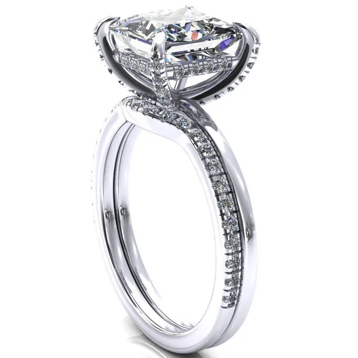 Fire Brilliance Rings Rosy PrincessSquare Moissanite 4 Claw Prong Single Rail Micropave Engagement Ring