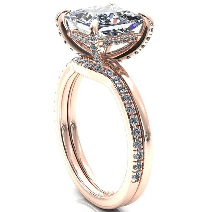 Fire Brilliance Rings Rosy PrincessSquare Moissanite 4 Claw Prong Single Rail Micropave Engagement Ring