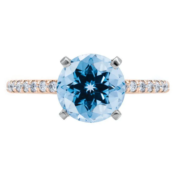 Fire Brilliance Rings Round Aqua Blue Spinel 4 Prongs Diamond Accent Ice Cathedral Solitaire Ring