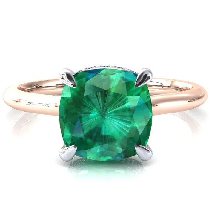 Fire Brilliance Rings Secret Cushion Emerald 4 Prong Floating Halo Engagement Ring