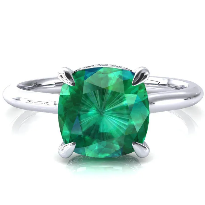 Fire Brilliance Rings Secret Cushion Emerald 4 Prong Floating Halo Engagement Ring