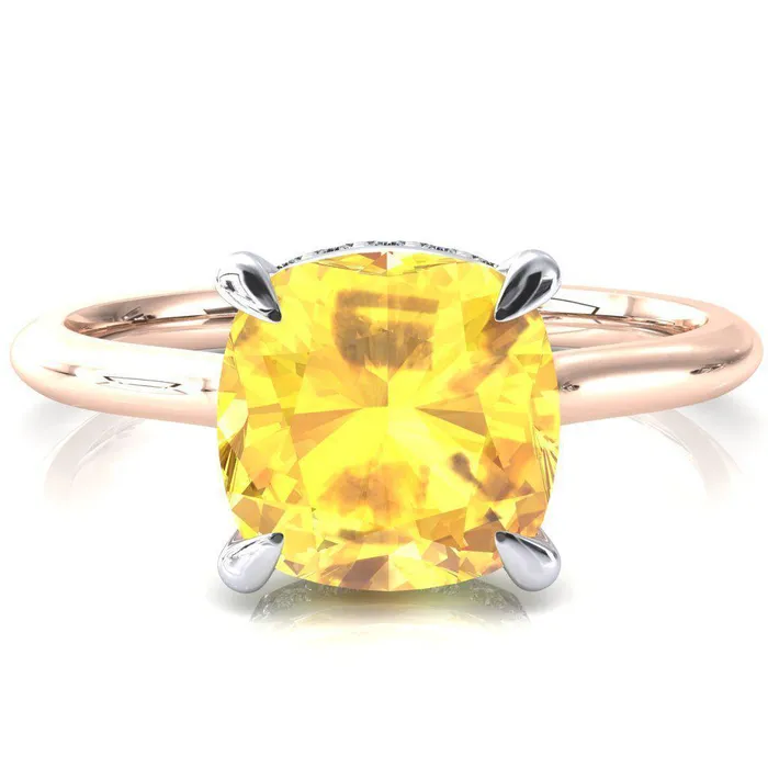 Fire Brilliance Rings Secret Cushion Yellow Sapphire 4 Prong Floating Halo Engagement Ring