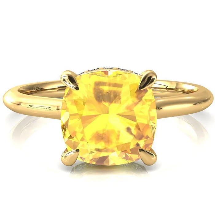 Fire Brilliance Rings Secret Cushion Yellow Sapphire 4 Prong Floating Halo Engagement Ring