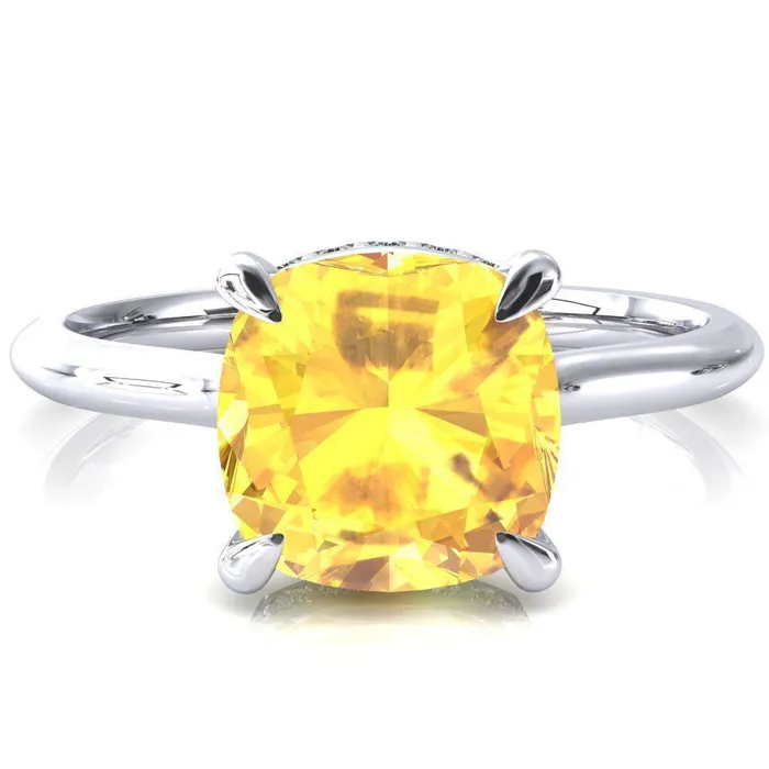 Fire Brilliance Rings Secret Cushion Yellow Sapphire 4 Prong Floating Halo Engagement Ring