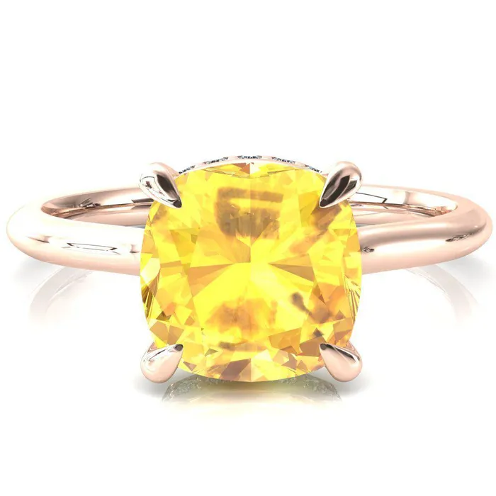 Fire Brilliance Rings Secret Cushion Yellow Sapphire 4 Prong Floating Halo Engagement Ring