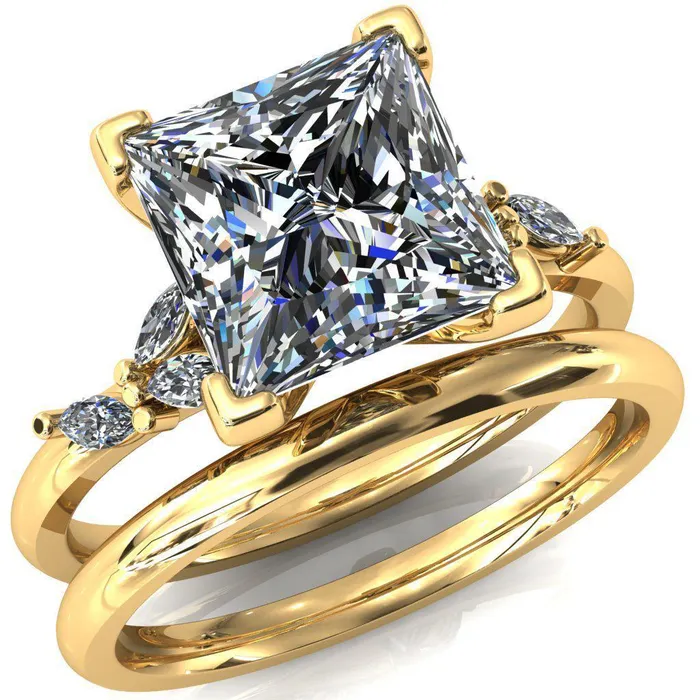 Fire Brilliance Sigrid Princess Square Moissanite 4 Prong Marquise Diamond Side Ring Rings