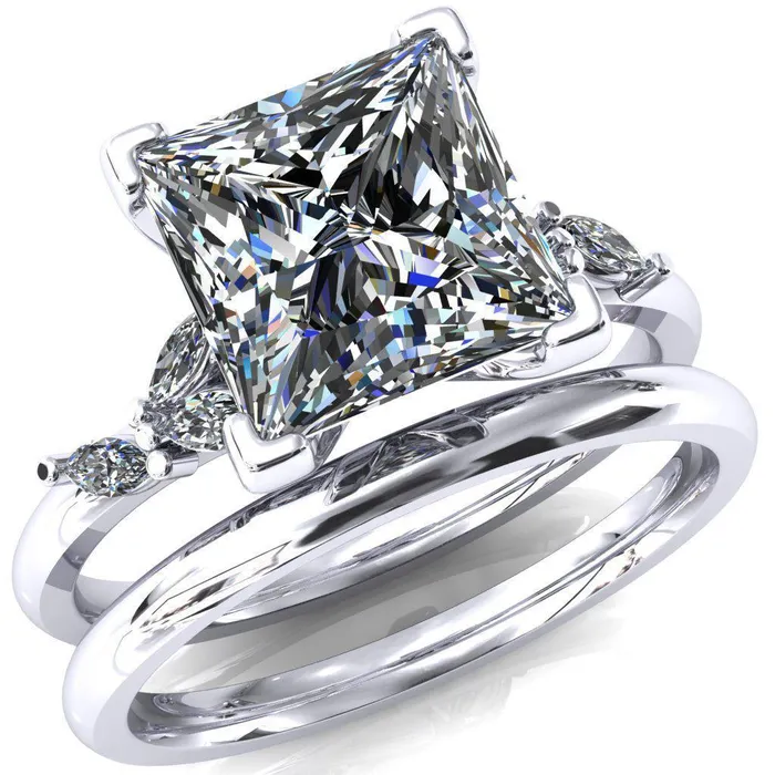 Fire Brilliance Sigrid Princess Square Moissanite 4 Prong Marquise Diamond Side Ring Rings