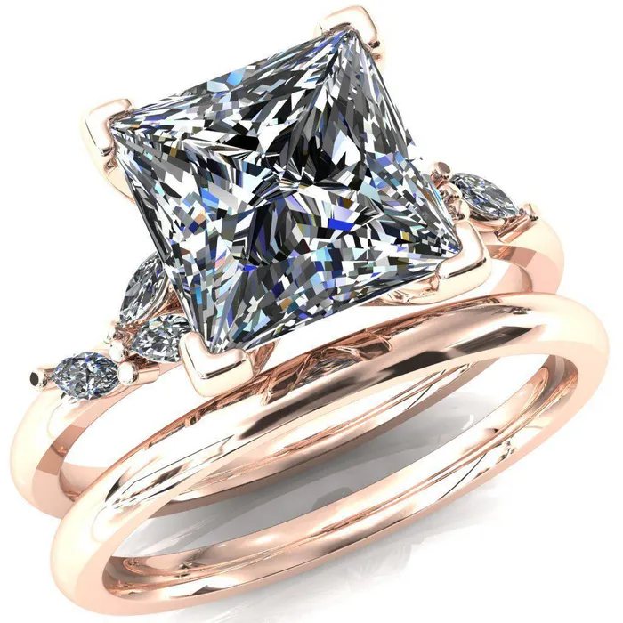 Fire Brilliance Sigrid Princess Square Moissanite 4 Prong Marquise Diamond Side Ring Rings