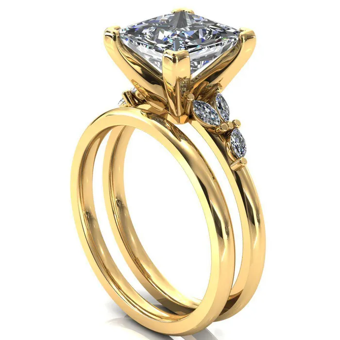Fire Brilliance Sigrid Princess Square Moissanite 4 Prong Marquise Diamond Side Ring Rings