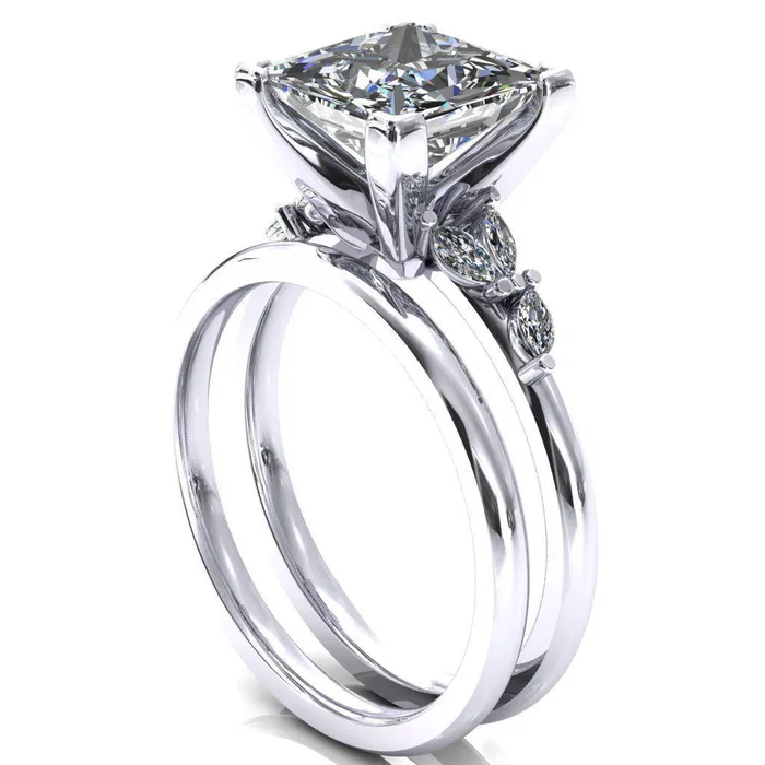 Fire Brilliance Sigrid Princess Square Moissanite 4 Prong Marquise Diamond Side Ring Rings