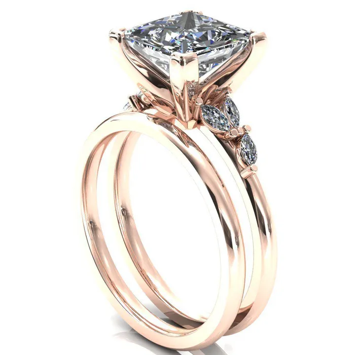 Fire Brilliance Sigrid Princess Square Moissanite 4 Prong Marquise Diamond Side Ring Rings