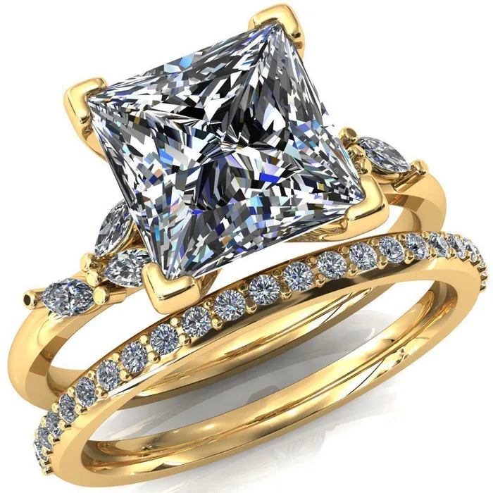 Fire Brilliance Sigrid Princess Square Moissanite 4 Prong Marquise Diamond Side Ring Rings