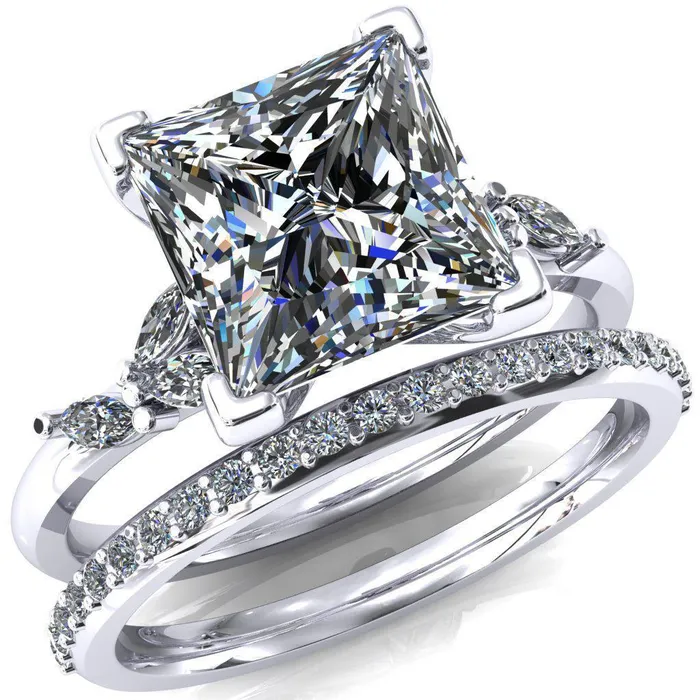 Fire Brilliance Sigrid Princess Square Moissanite 4 Prong Marquise Diamond Side Ring Rings