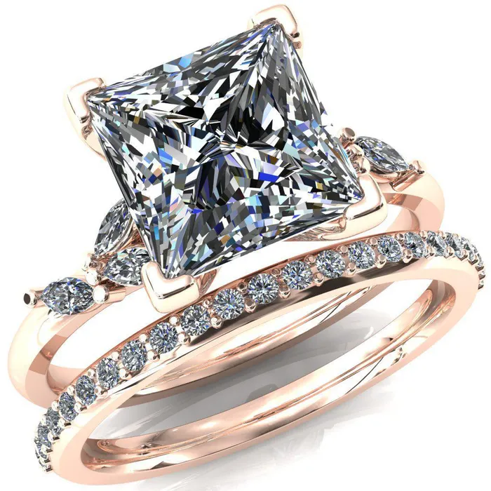 Fire Brilliance Sigrid Princess Square Moissanite 4 Prong Marquise Diamond Side Ring Rings