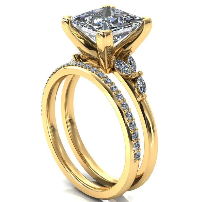 Fire Brilliance Sigrid Princess Square Moissanite 4 Prong Marquise Diamond Side Ring Rings