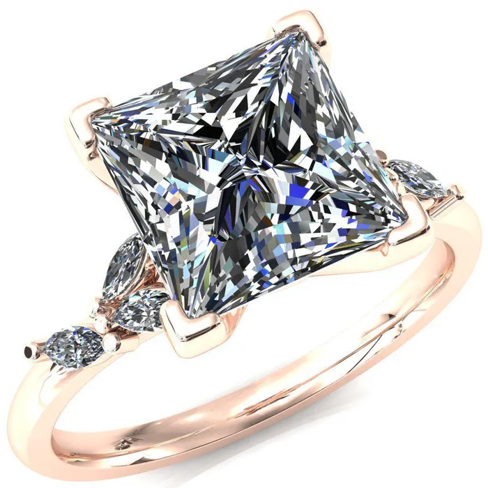 Fire Brilliance Sigrid Princess Square Moissanite 4 Prong Marquise Diamond Side Ring Rings