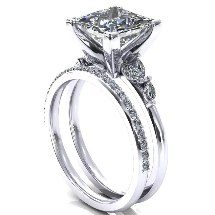 Fire Brilliance Sigrid Princess Square Moissanite 4 Prong Marquise Diamond Side Ring Rings