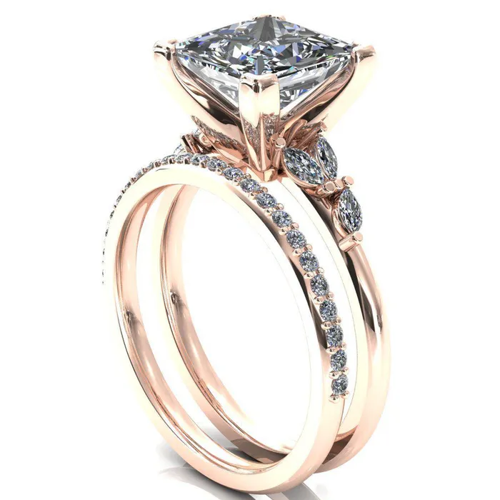 Fire Brilliance Sigrid Princess Square Moissanite 4 Prong Marquise Diamond Side Ring Rings