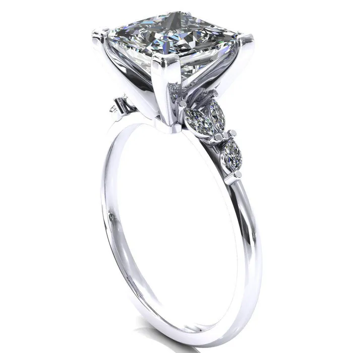 Fire Brilliance Sigrid Princess Square Moissanite 4 Prong Marquise Diamond Side Ring Rings