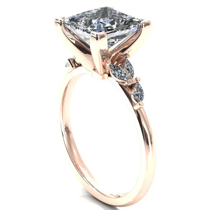 Fire Brilliance Sigrid Princess Square Moissanite 4 Prong Marquise Diamond Side Ring Rings