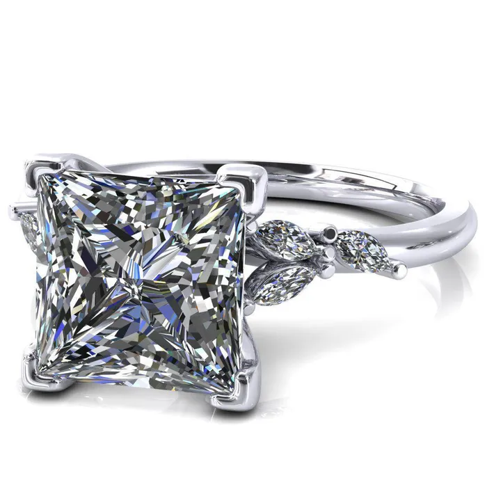 Fire Brilliance Sigrid Princess Square Moissanite 4 Prong Marquise Diamond Side Ring Rings