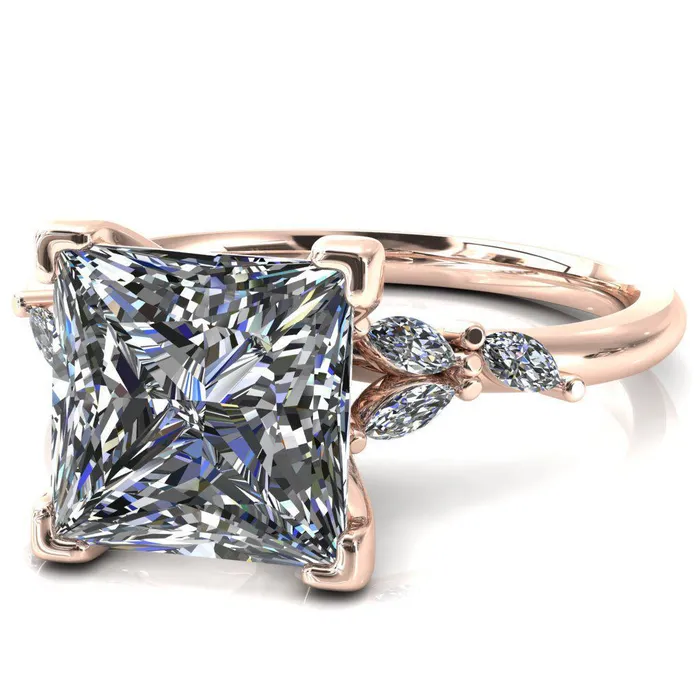 Fire Brilliance Sigrid Princess Square Moissanite 4 Prong Marquise Diamond Side Ring Rings