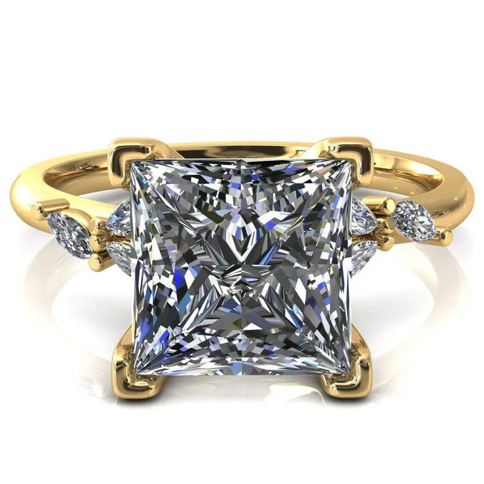 Fire Brilliance Sigrid Princess Square Moissanite 4 Prong Marquise Diamond Side Ring Rings