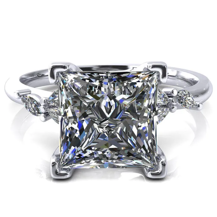 Fire Brilliance Sigrid Princess Square Moissanite 4 Prong Marquise Diamond Side Ring Rings