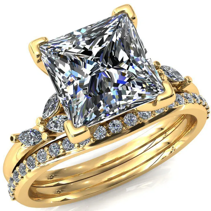 Fire Brilliance Sigrid Princess Square Moissanite 4 Prong Marquise Diamond Side Ring Rings