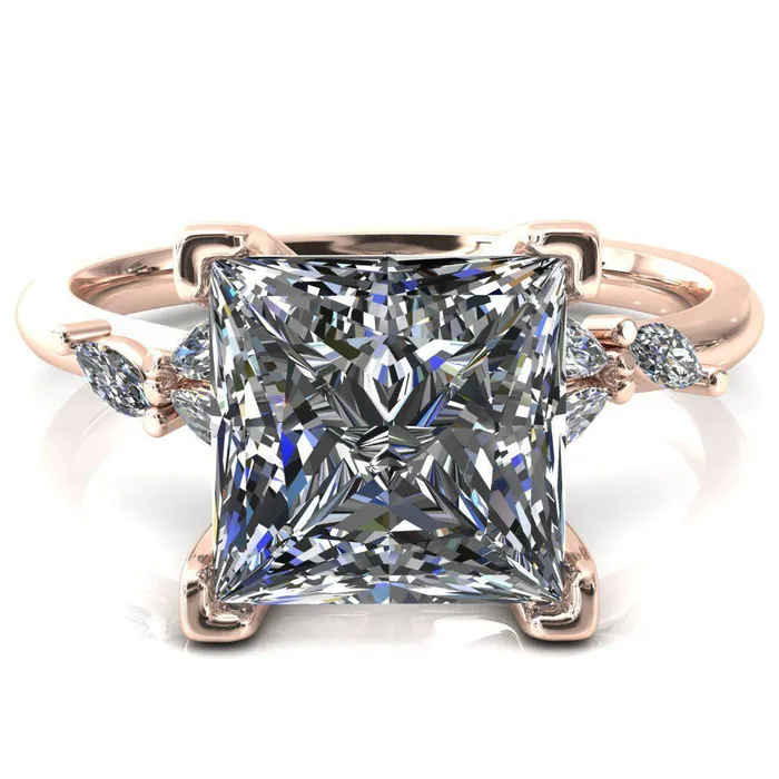 Fire Brilliance Sigrid Princess Square Moissanite 4 Prong Marquise Diamond Side Ring Rings