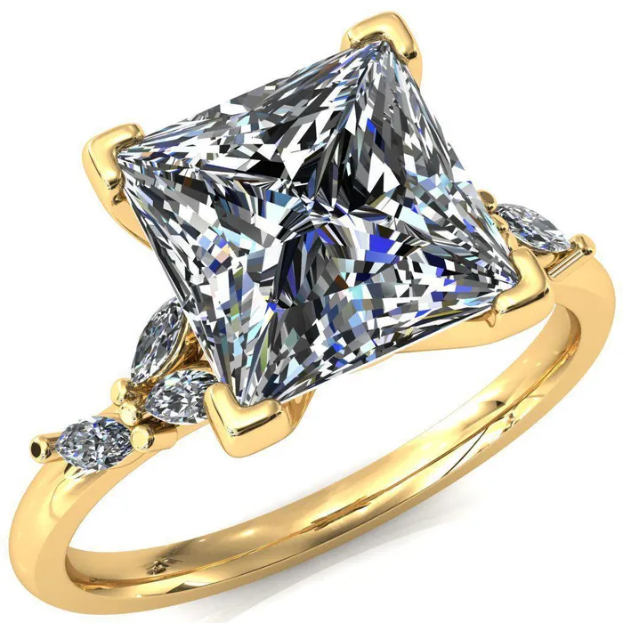Fire Brilliance Sigrid Princess Square Moissanite 4 Prong Marquise Diamond Side Ring Rings
