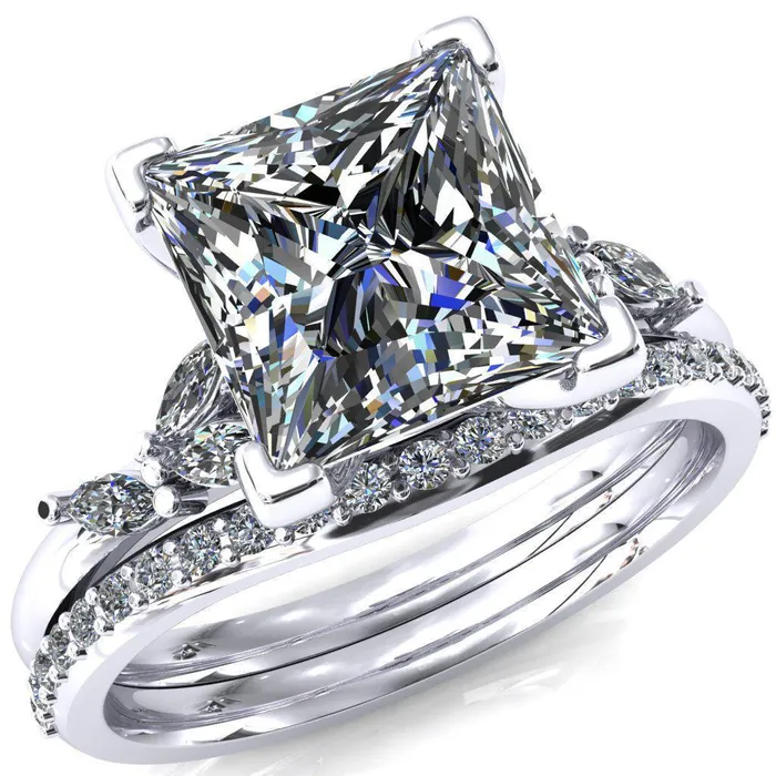 Fire Brilliance Sigrid Princess Square Moissanite 4 Prong Marquise Diamond Side Ring Rings