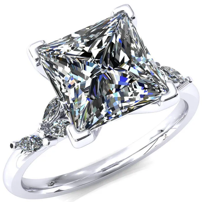 Fire Brilliance Sigrid Princess Square Moissanite 4 Prong Marquise Diamond Side Ring Rings